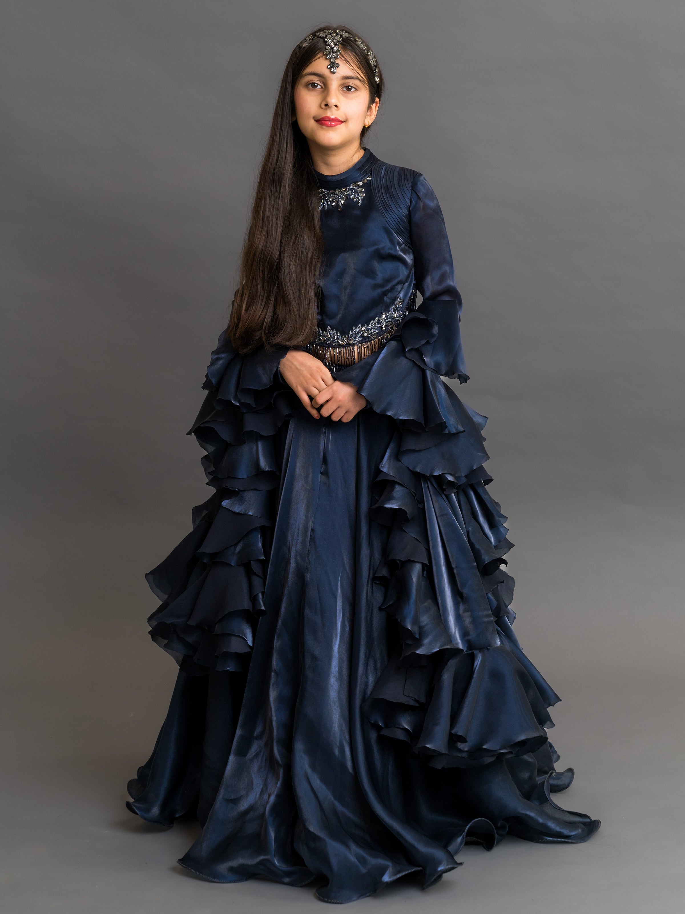 dark blue organza lehenga for girls